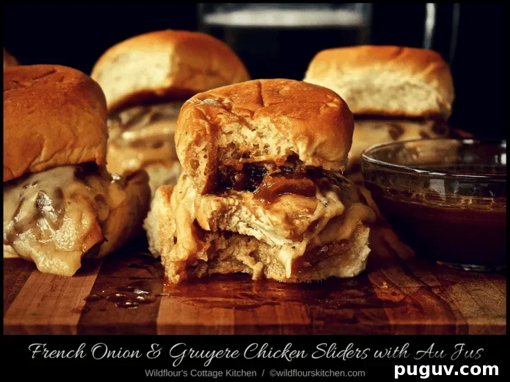 French Onion & Gruyere Chicken Sliders with Au Jus