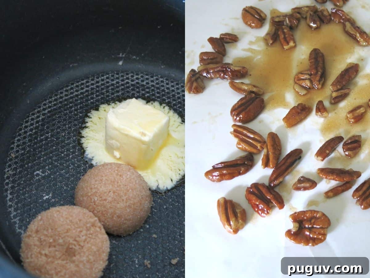 Collage of 2 pictures: butter and brown sugar in pan and coated pecans cooling on wax paper.