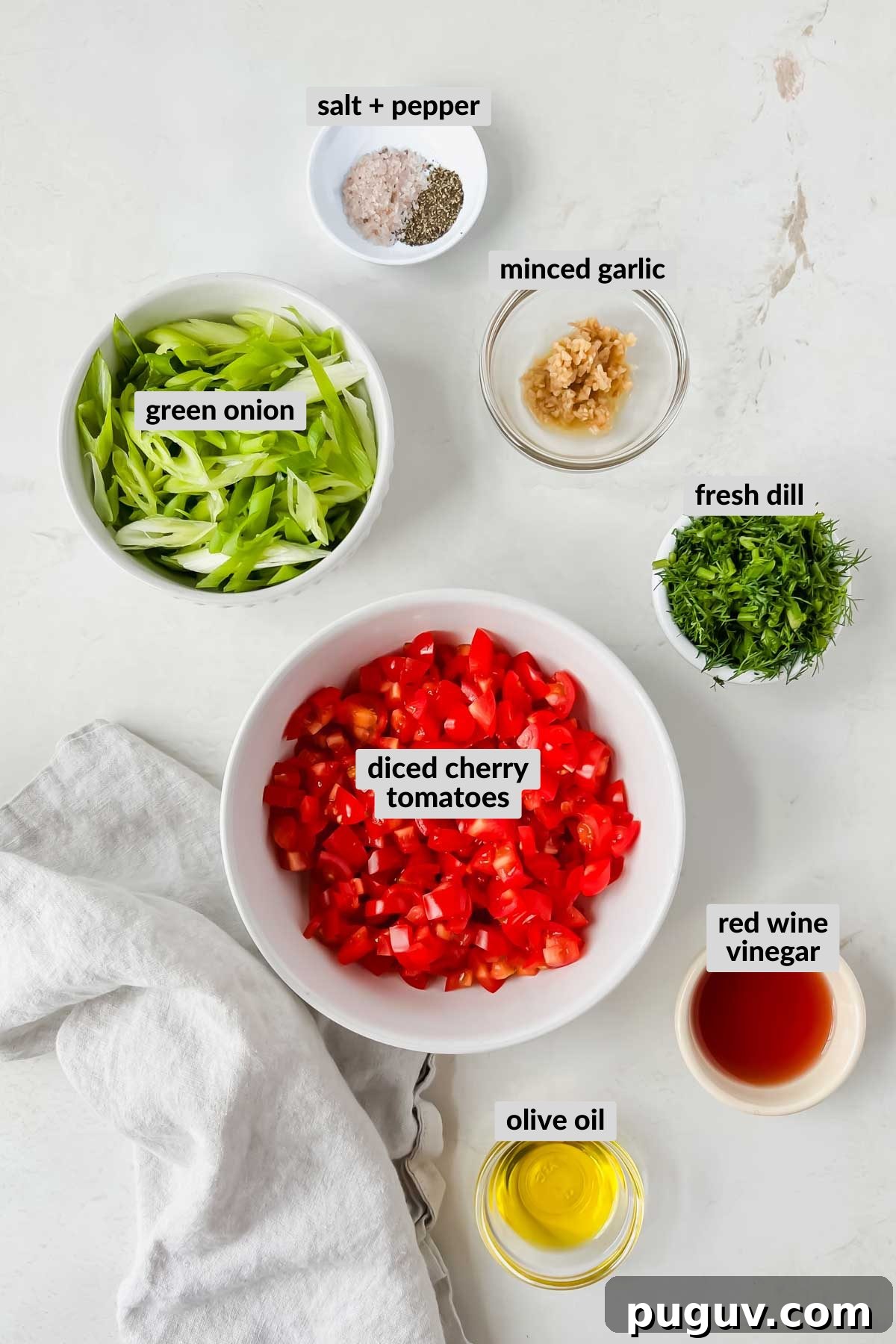 Tangy Tomato Relish Recipe for Sandwiches, Burgers & Tapas 3 labeled ingredients for tomato relish recipe in individual bowls
