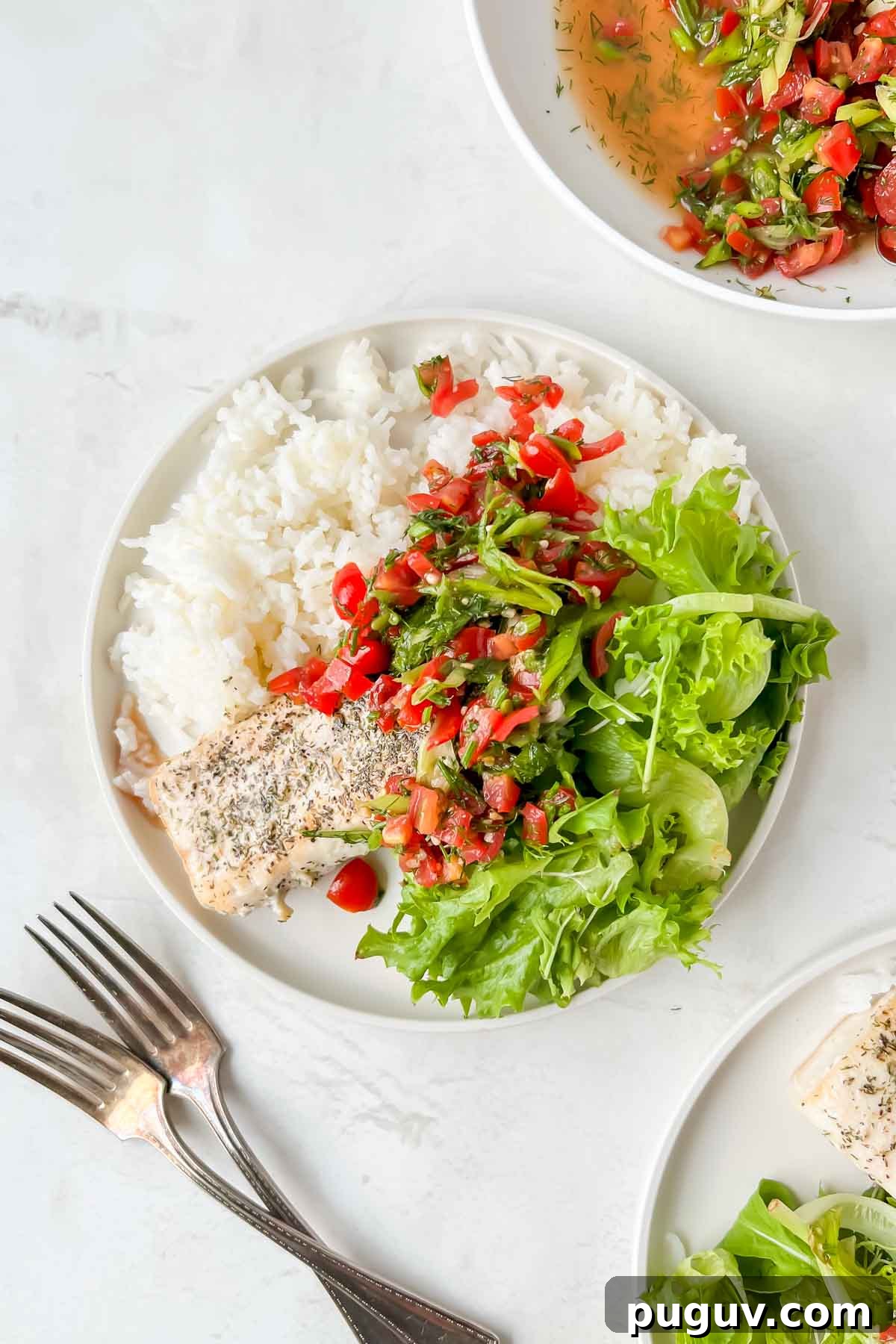 Tangy Tomato Relish Recipe for Sandwiches, Burgers & Tapas 7 serving plate filled with rice, mahi mahi and greens with tomato relish on top.