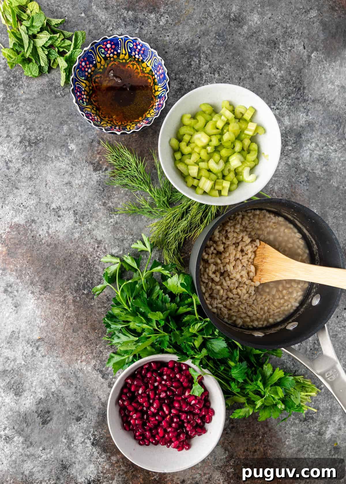 Egyptian Barley Salad with Pomegranate and Fresh Herbs 3 ingredients to make pomegranate barley salad