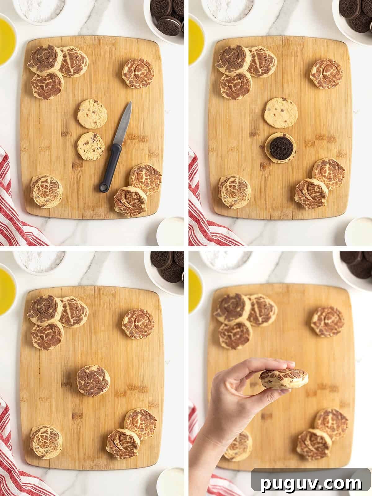 Steps to make cinnamon roll fried Oreos.