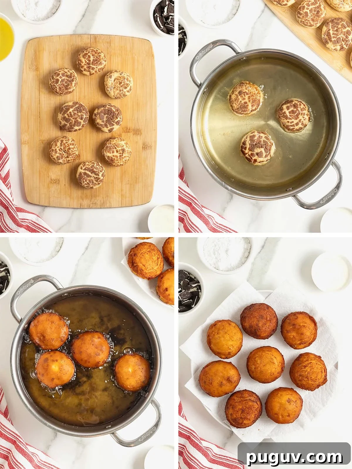 Steps to make cinnamon roll fried Oreos.