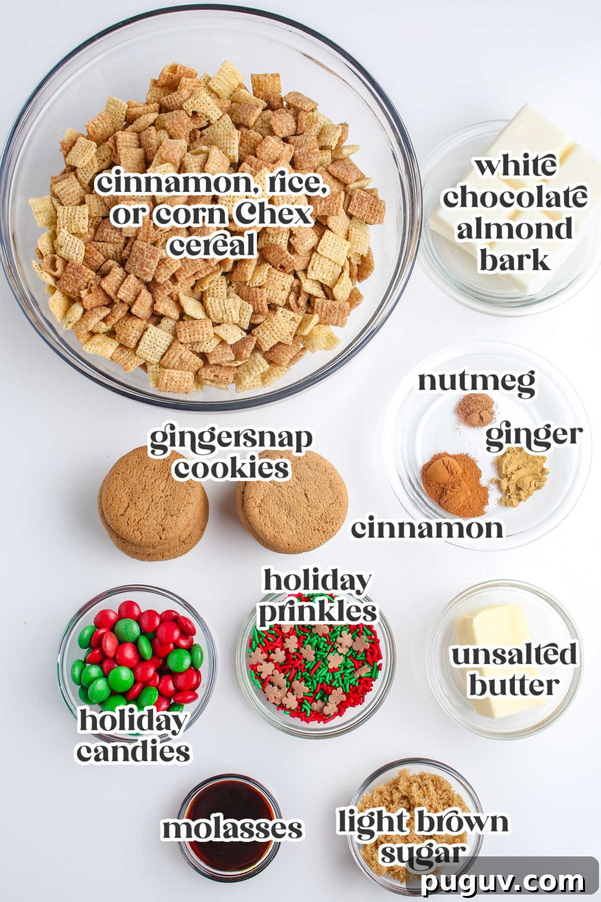 Gingerbread Chex Mix Puppy Chow — Festive Holiday Snack Recipe 4 Flat lay of labeled ingredients for Gingerbread Chex Mix including Chex cereal, gingersnap cookies, white chocolate almond bark, spices, butter, molasses, sprinkles, and holiday candies.