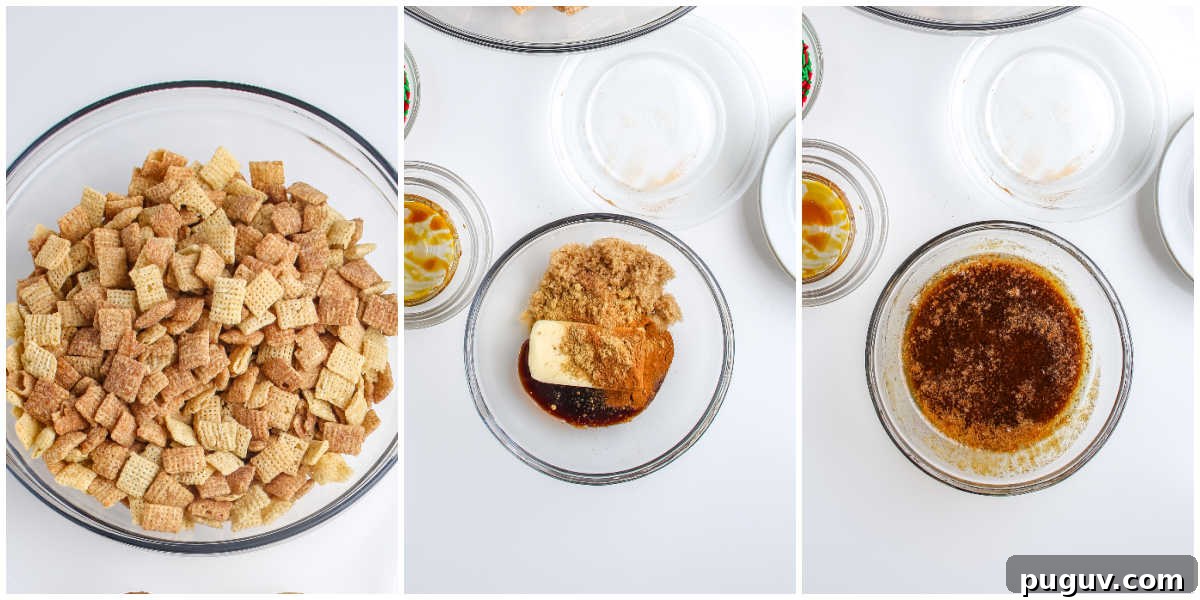 Gingerbread Chex Mix Puppy Chow — Festive Holiday Snack Recipe 5 Step-by-step collage showing plain Chex cereal, butter mixture with brown sugar and molasses, and spiced coating ready to pour over cereal for Gingerbread Puppy Chow.