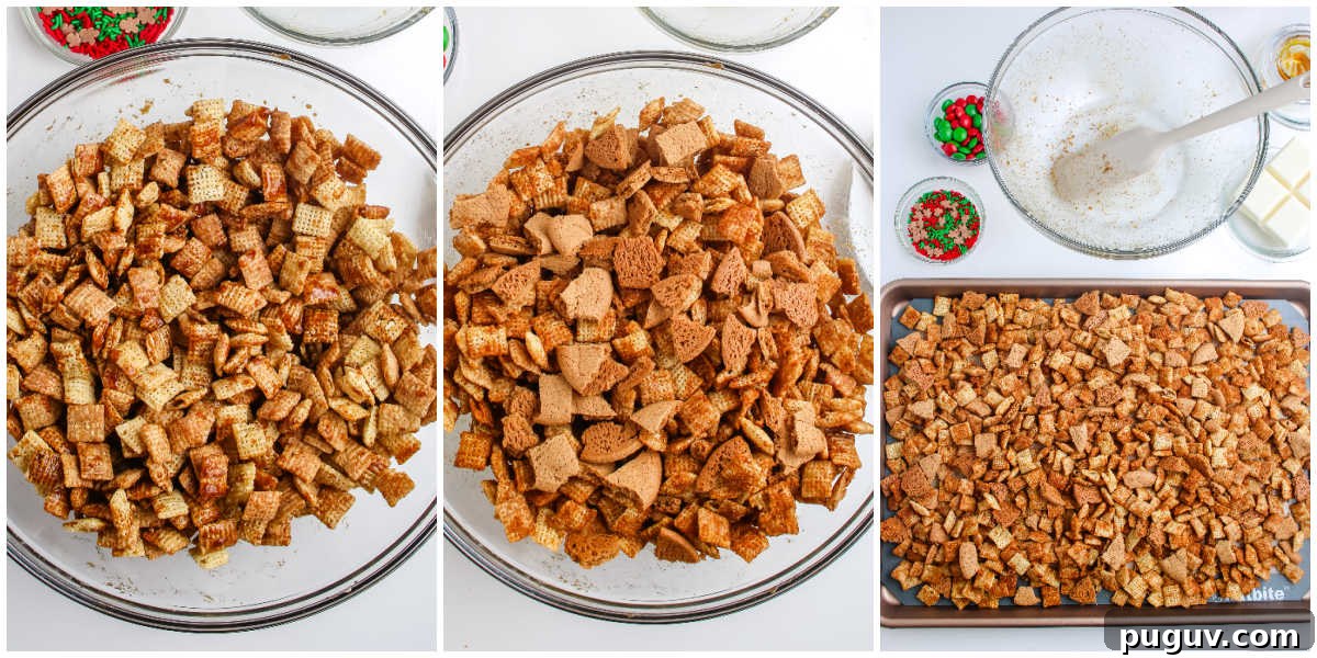 Gingerbread Chex Mix Puppy Chow — Festive Holiday Snack Recipe 6 Step-by-step collage showing cereal coated in gingerbread spice mixture, mixed with gingersnap pieces, and spread on a baking sheet before drizzling.