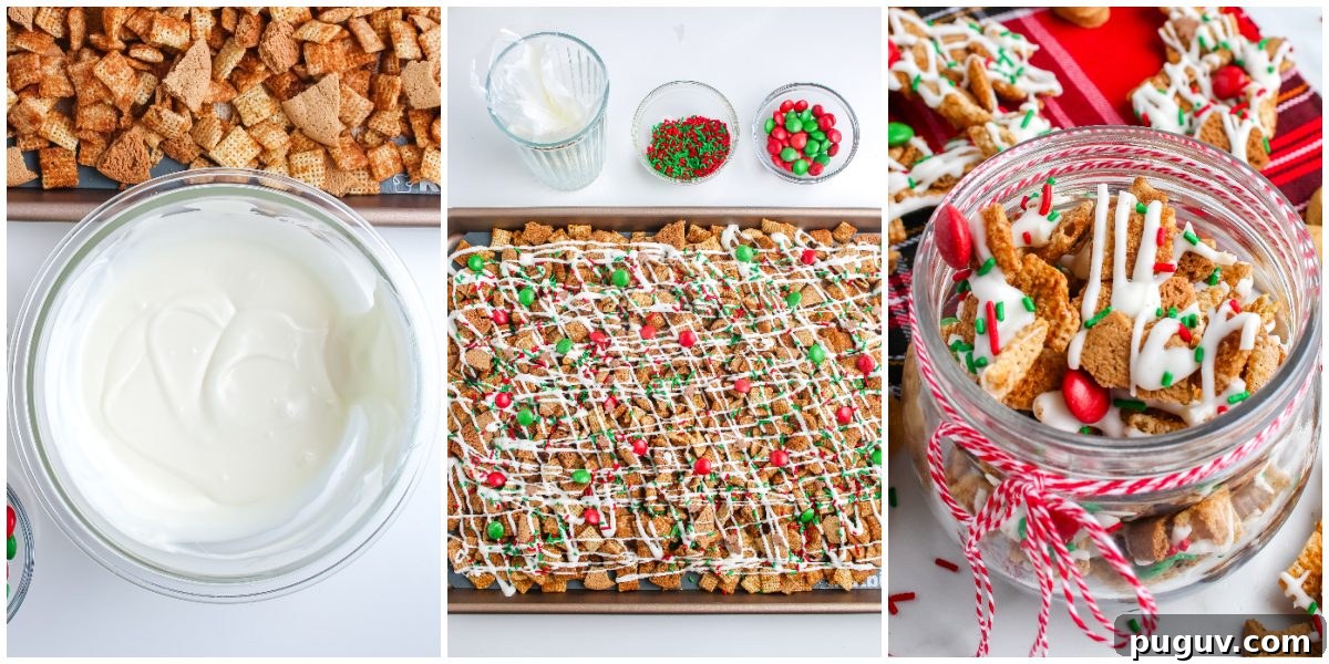 Gingerbread Chex Mix Puppy Chow — Festive Holiday Snack Recipe 7 Three-picture collage: melted white chocolate in a bowl, snack mix spread on a baking sheet with candy and sprinkles, and finished mix in a jar tied with twine.