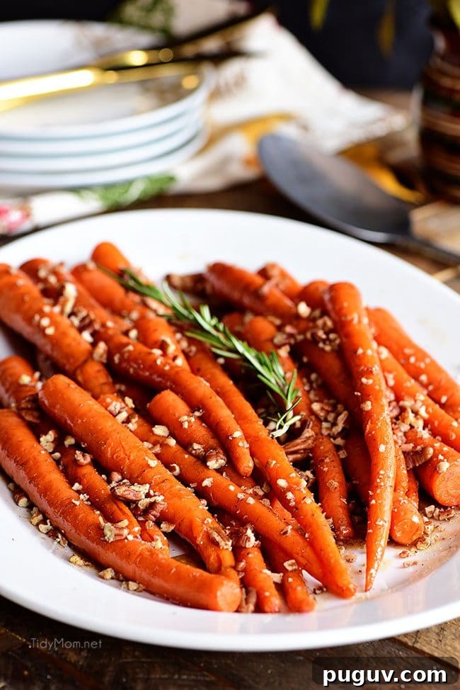 Pecan Pie-Glazed Carrots: Sweet Roasted Side Dish 5 Pecan Pie Glazed Carrots on white platter