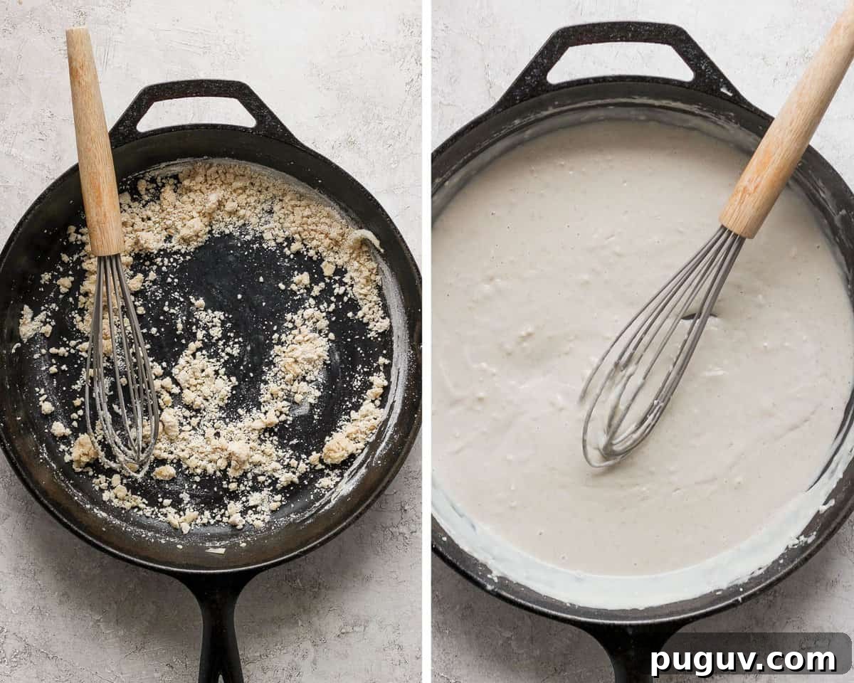 Two images showing the flour added to the butter and then the creamy sauce with a whisk.