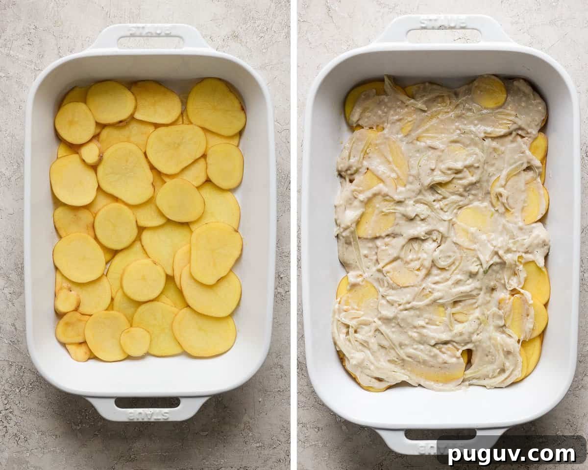 Two images showing the sliced potatoes in the bottom of a baking dish and then with half the sauce on top.