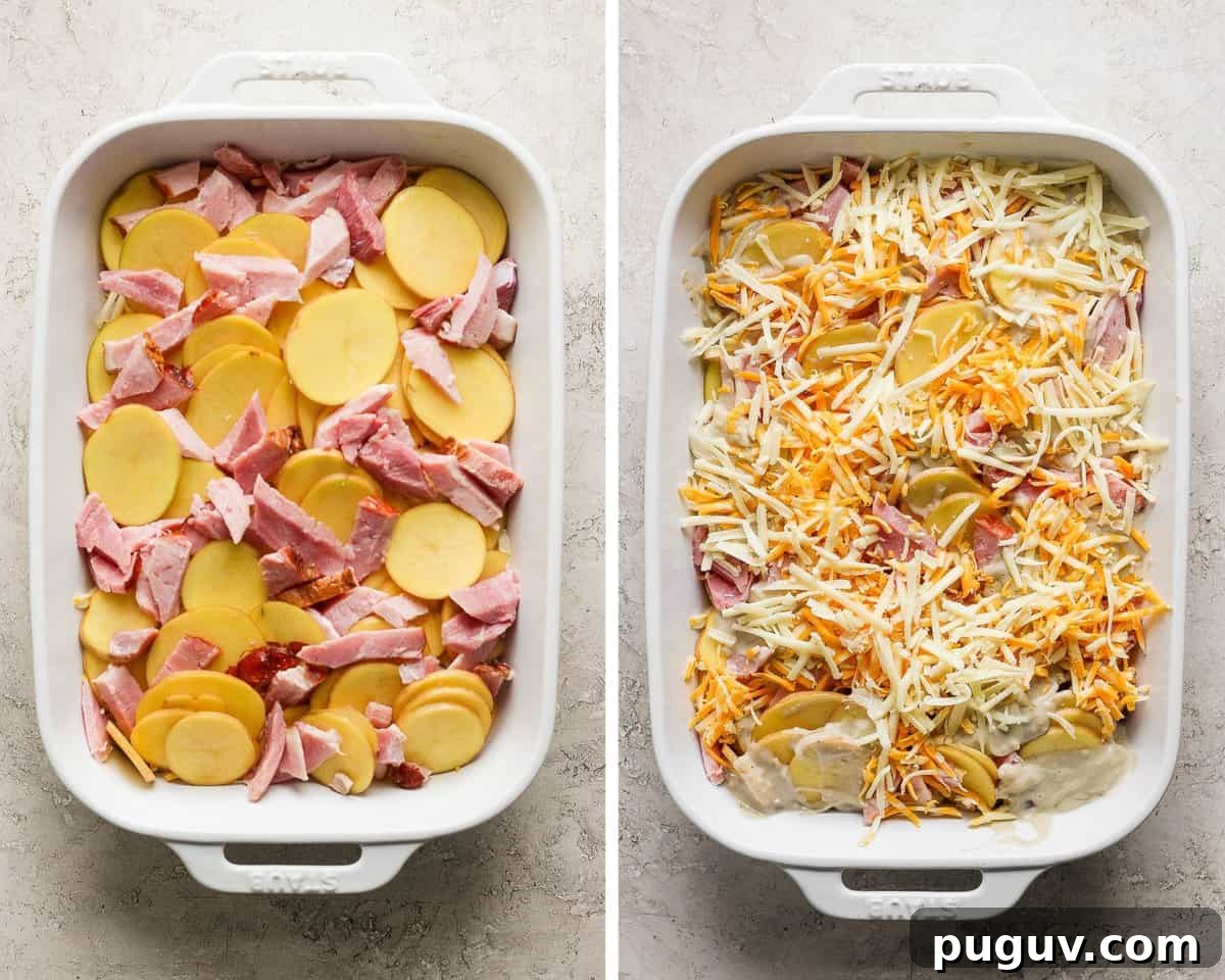 Two images showing the ham added to the baking dish and then all of the layers before baking.