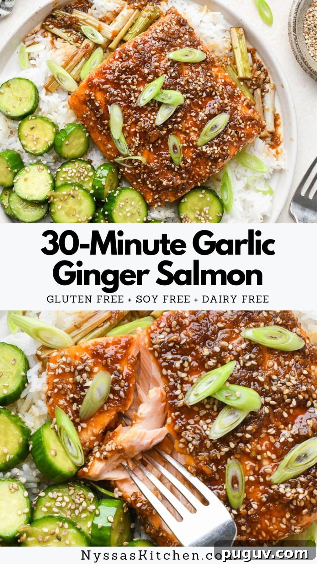 30-Minute Garlic-Ginger Glazed Salmon Recipe (Gluten-Free) 14 Pinterest pin for Garlic Ginger Salmon