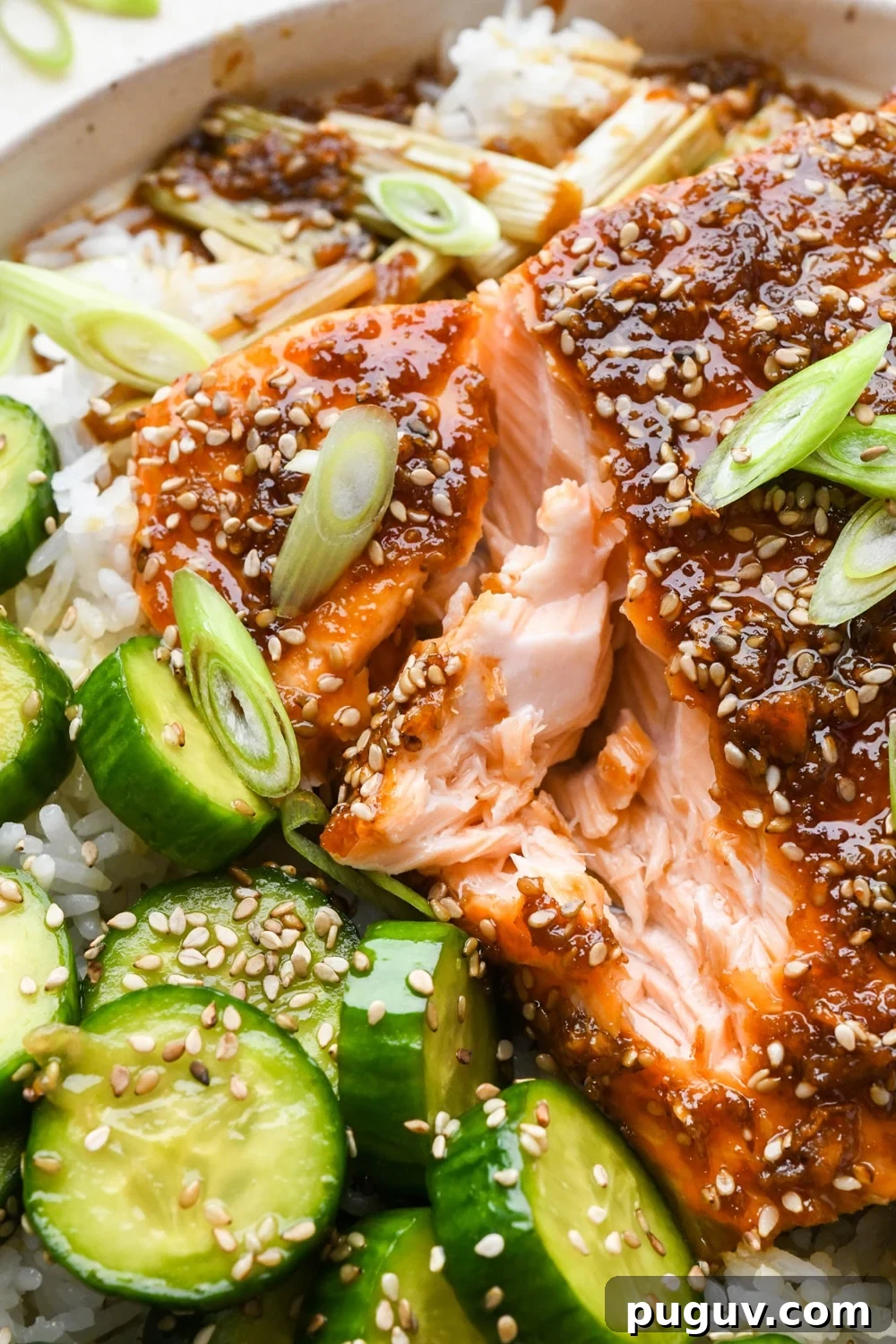 30-Minute Garlic-Ginger Glazed Salmon Recipe (Gluten-Free) 4 A close up of glazed garlic ginger salmon, the flesh flaked to show the perfectly cooked interior.