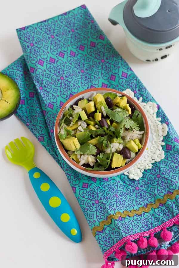 Vegetarian Burrito Bowls: Flavorful Plant-Based Meal Prep 2 These Vegetarian Baby Burrito Bowls are a meal the whole family can enjoy and a great way for baby to develop their pincer grasp! Beans, avocado, and brown rice are wholesome foods for baby and you! If your baby isn't ready for finger foods, simply puree this meal to the desired texture and consistency.