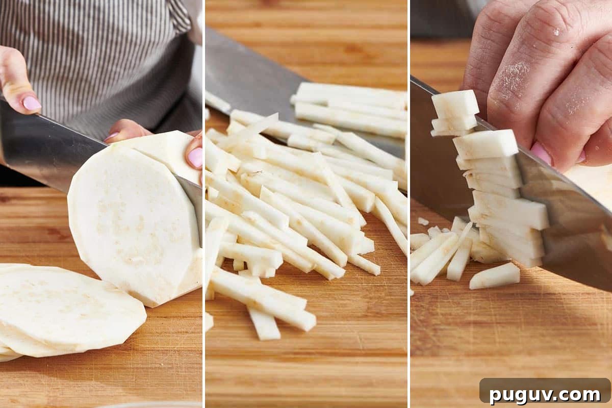 How to Cook Celeriac: Simple Techniques and Delicious Recipes 5 Slicing and dicing peel celeriac.