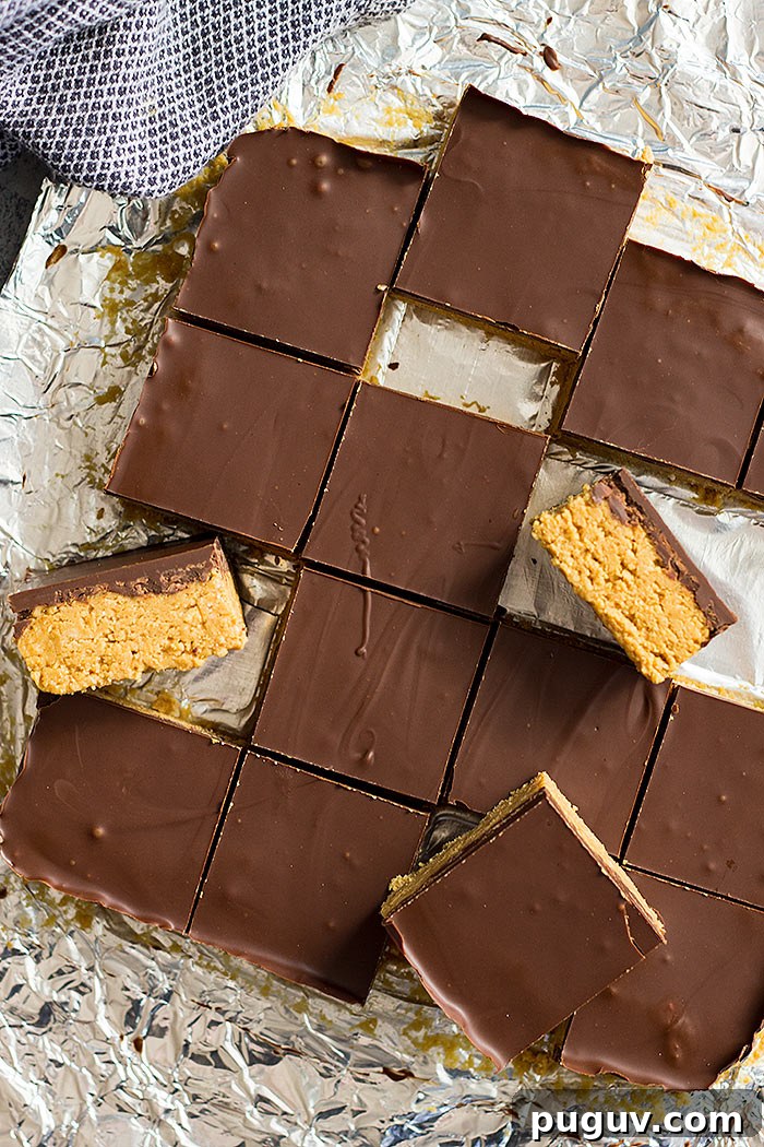 No-Bake Chocolate Peanut Butter Bars Recipe: No Oven Needed 2 A top down view of no bake chocolate peanut butter bars with a few turned on their side.
