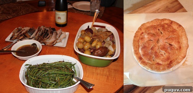 roast pork and apple pie and green beans on table