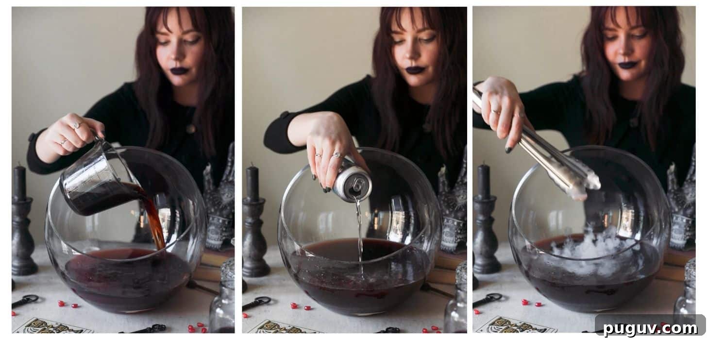 Three steps to making an alcoholic pitcher drink. In photo 1, a woman dressed in black is pouring pomegranate juice into a punch bowl on a white counter next to Halloween decorations, tarot cards, and old books. In photo 2, she is adding club soda. In photo 3, she adds dry ice.