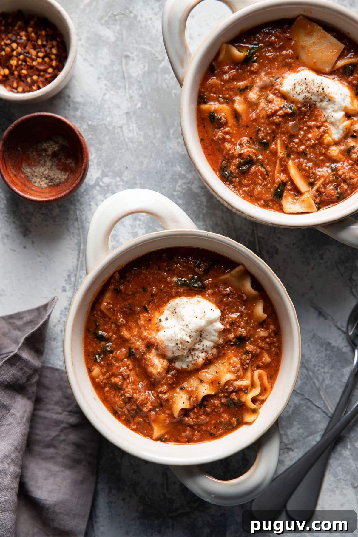 one pot lasagna soup in a bowl