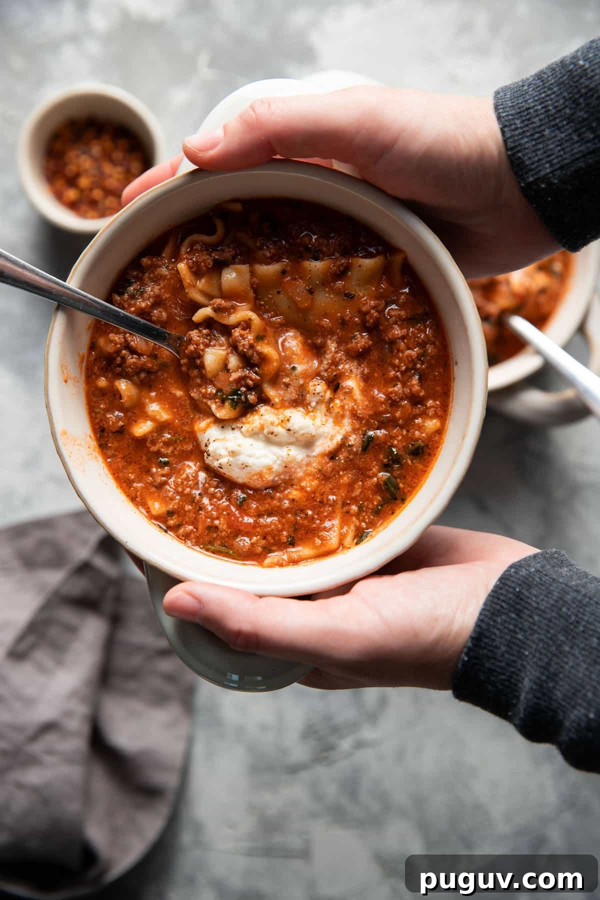 one pot lasagna soup in a bowl