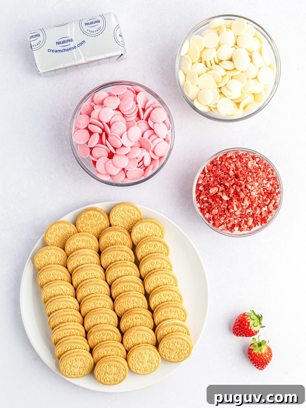 Strawberry Crunch Cookie Balls Recipe — No-Bake Dessert Bites 3 strawberry crunch cookie ball ingredients in prep bowls