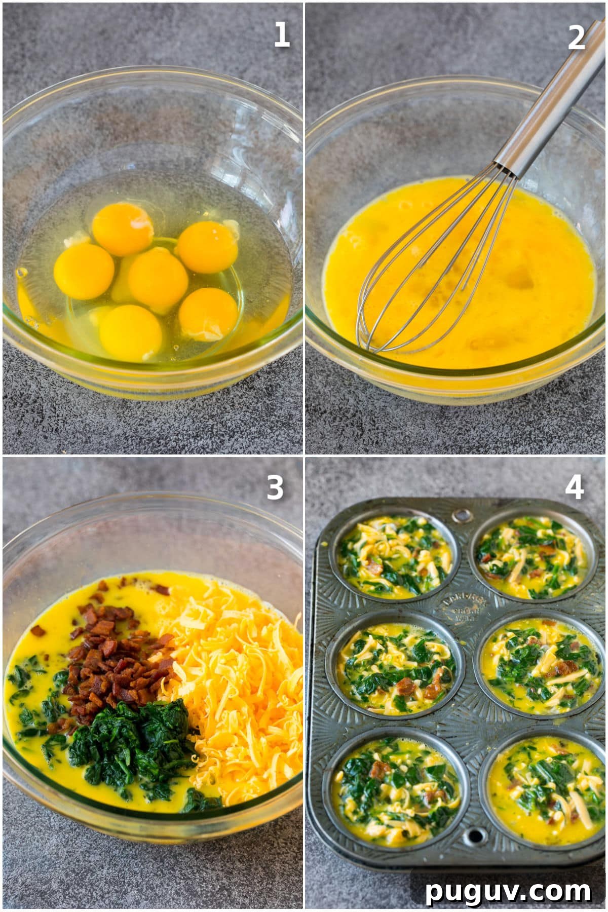 Step by step process shots showing how to make egg muffins.