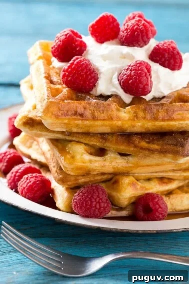 Fluffy overnight yeast waffles.