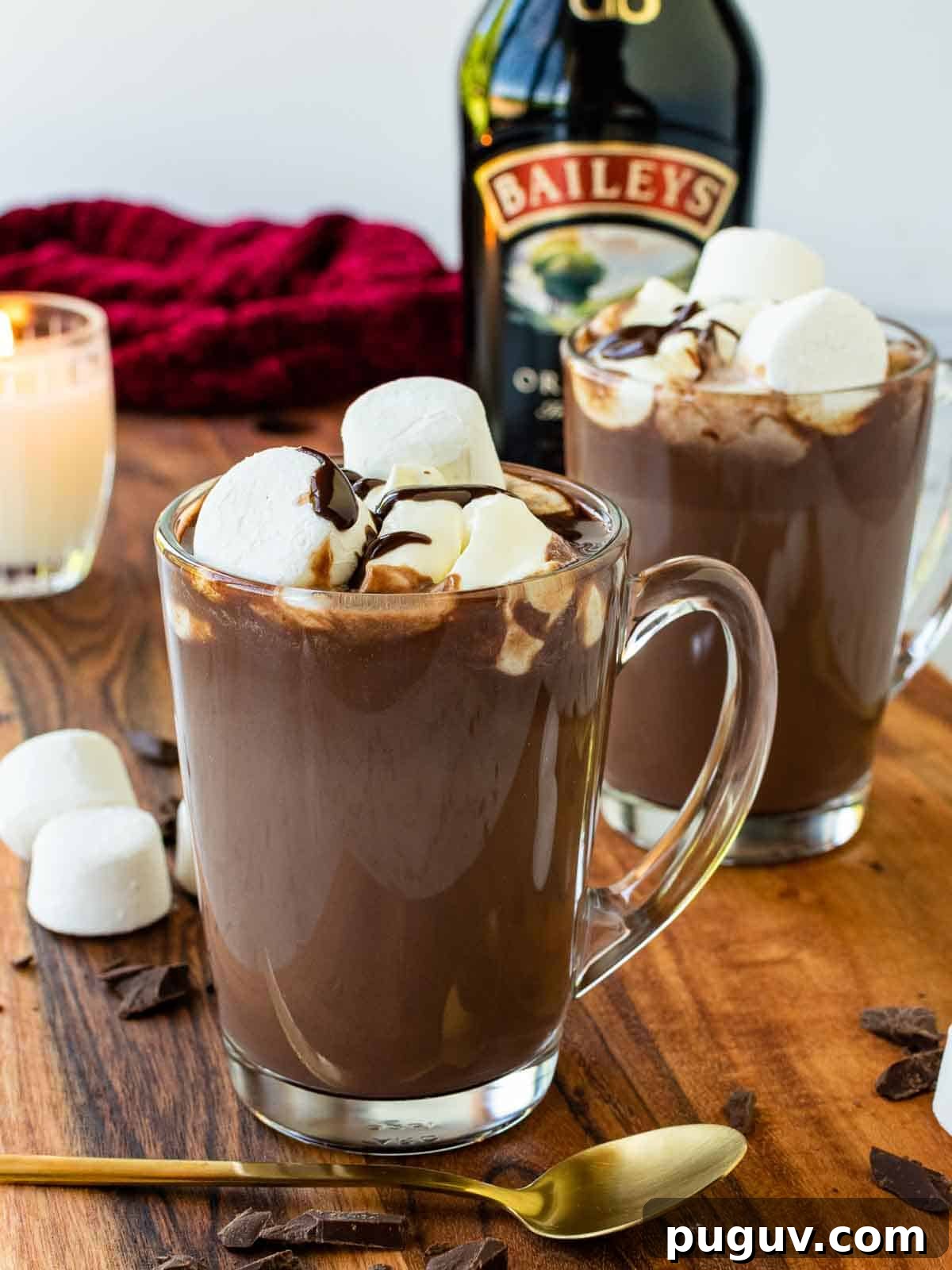 Decadent Baileys Hot Chocolate Recipe for Cozy Nights 2 Two mugs of Baileys hot chocolate with bottle of baileys irish cream in the background.