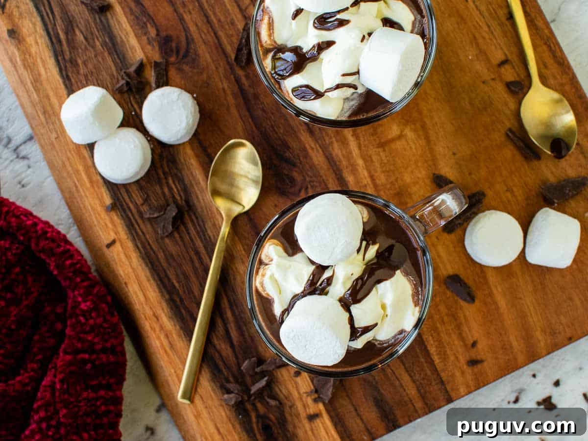 Decadent Baileys Hot Chocolate Recipe for Cozy Nights 5 A top down view of mugs of hot chocolate served with cream and marshmallows.