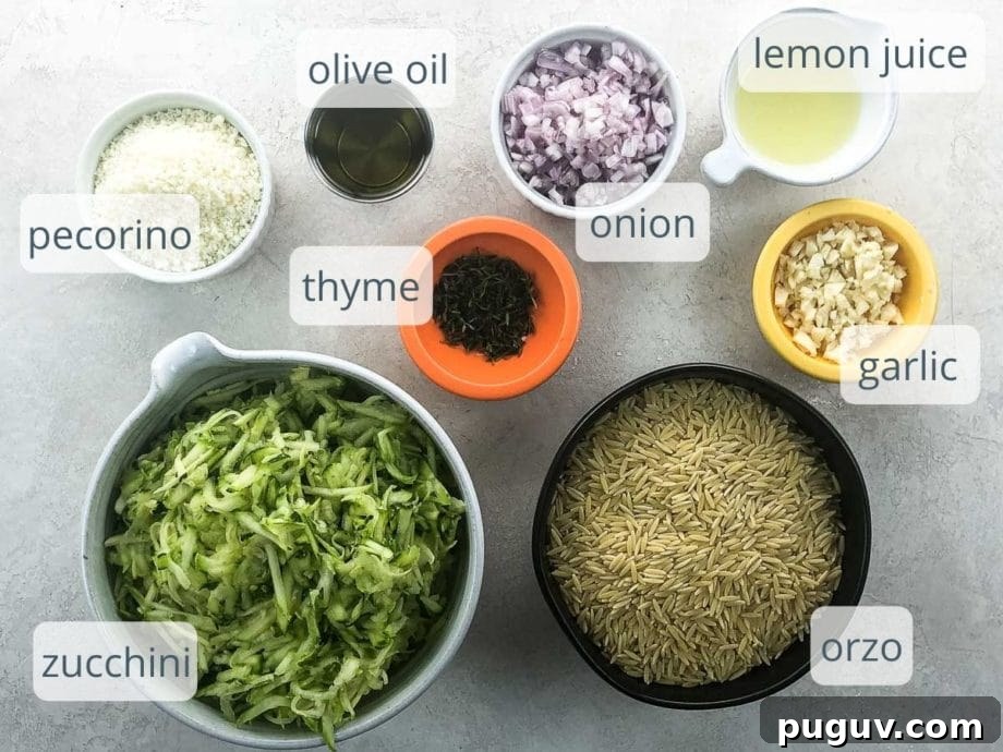 Camille Kingsolver’s Disappearing Zucchini Orzo Recipe 3 ingredients in bowls on a white background