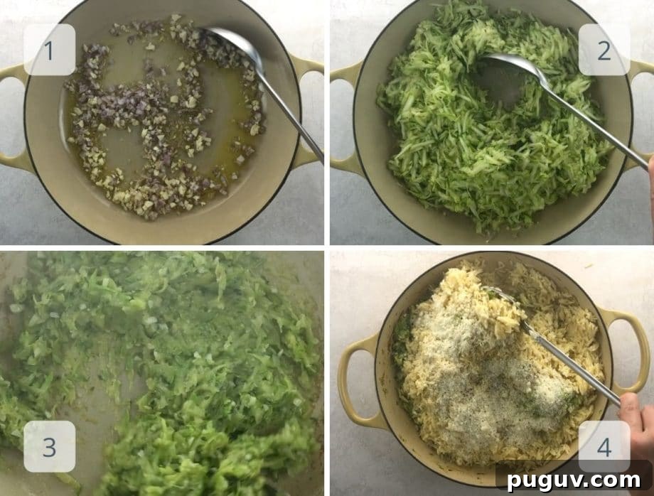 Camille Kingsolver’s Disappearing Zucchini Orzo Recipe 4 sauteeing onions and garlic, adding zucchini, adding orzo and cheese