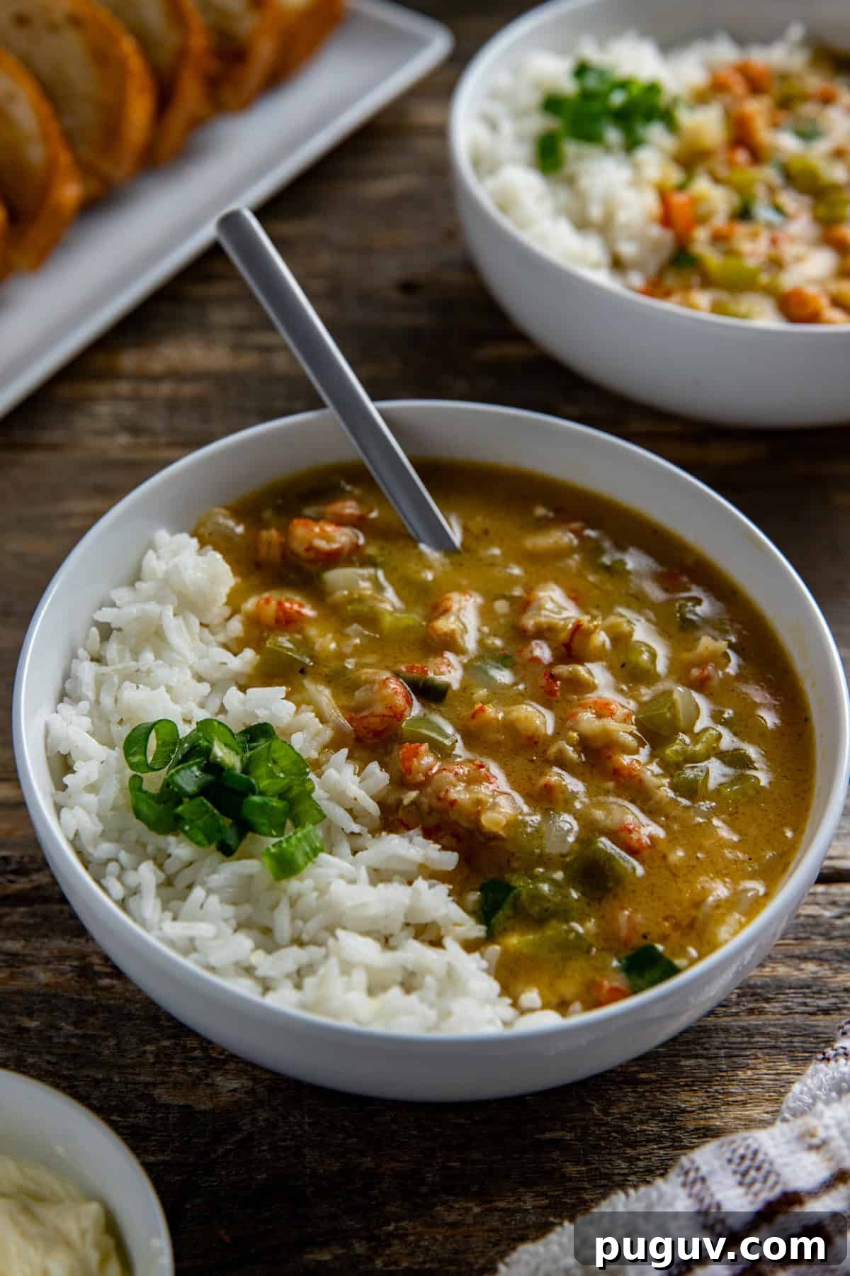 A bowl of etouffee with white rice. Sliced green onions for garnish. With sliced, toasted French bread in the background.
