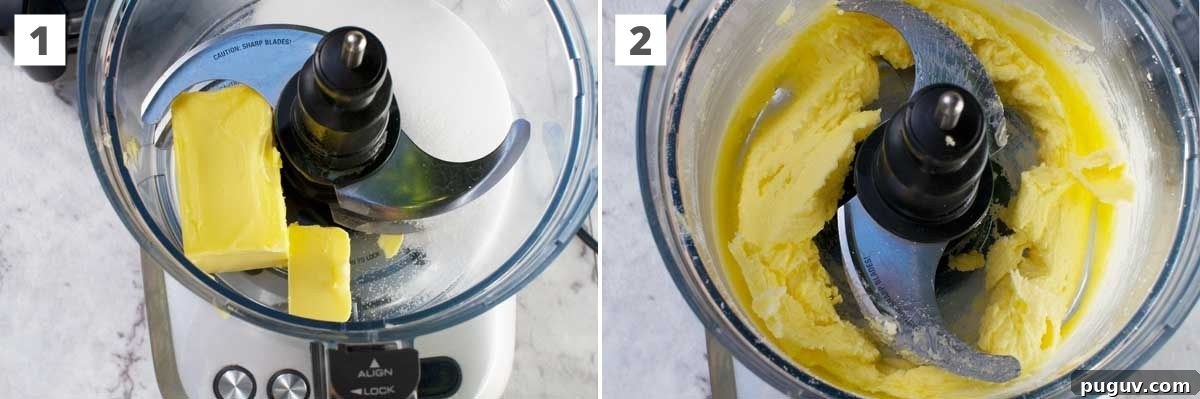 Lemon Mascarpone Cake Recipe with Zesty Glaze 3 A collage of two images showing mixing butter and sugar in a food processor