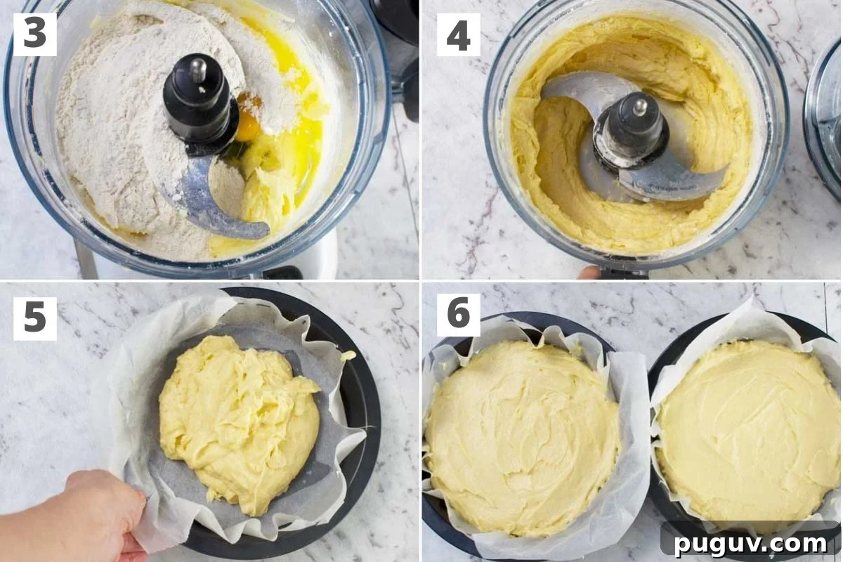 Lemon Mascarpone Cake Recipe with Zesty Glaze 4 A collage of 4 images showing how to make an all-in-one vanilla cake in a food processor