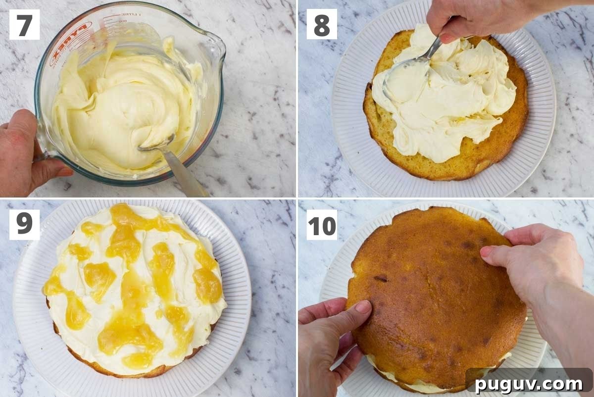 Lemon Mascarpone Cake Recipe with Zesty Glaze 5 A collage of 4 photos showing how to assemble a lemon mascarpone cake