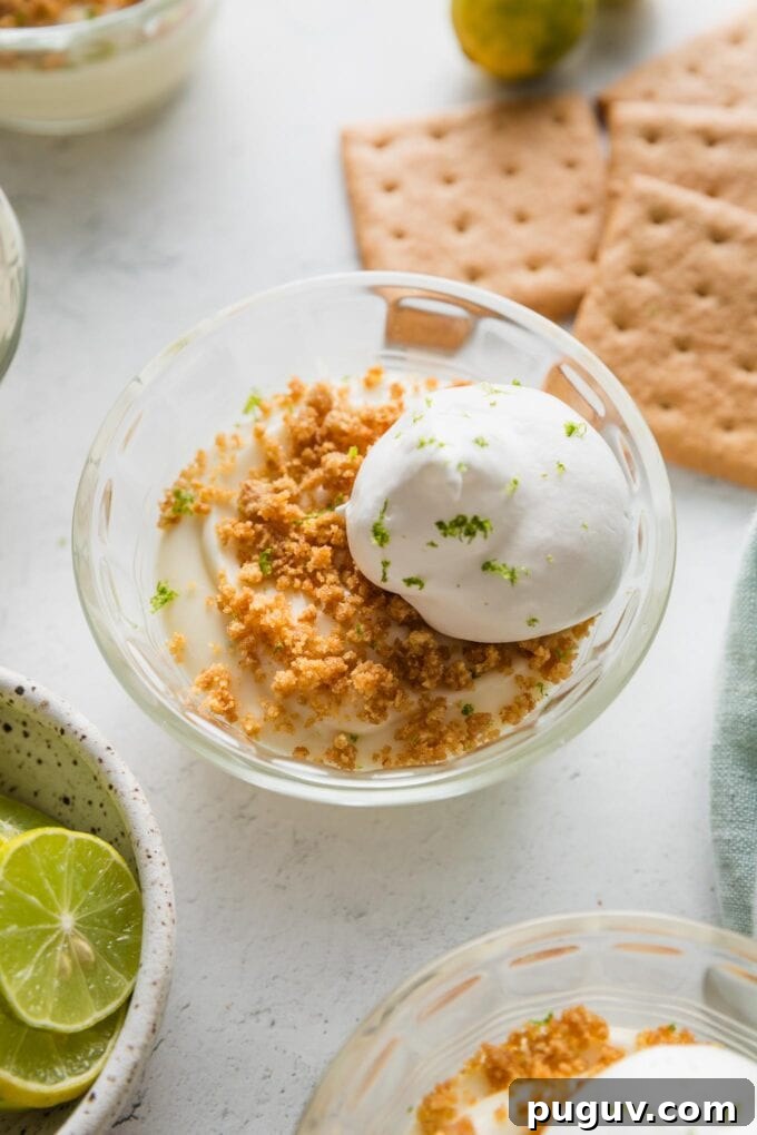 Small custard dish filled with a mini no bake key lime pie, served "upside down" with graham cracker crumbs, a dollop of whipped cream, and extra lime zest on top.