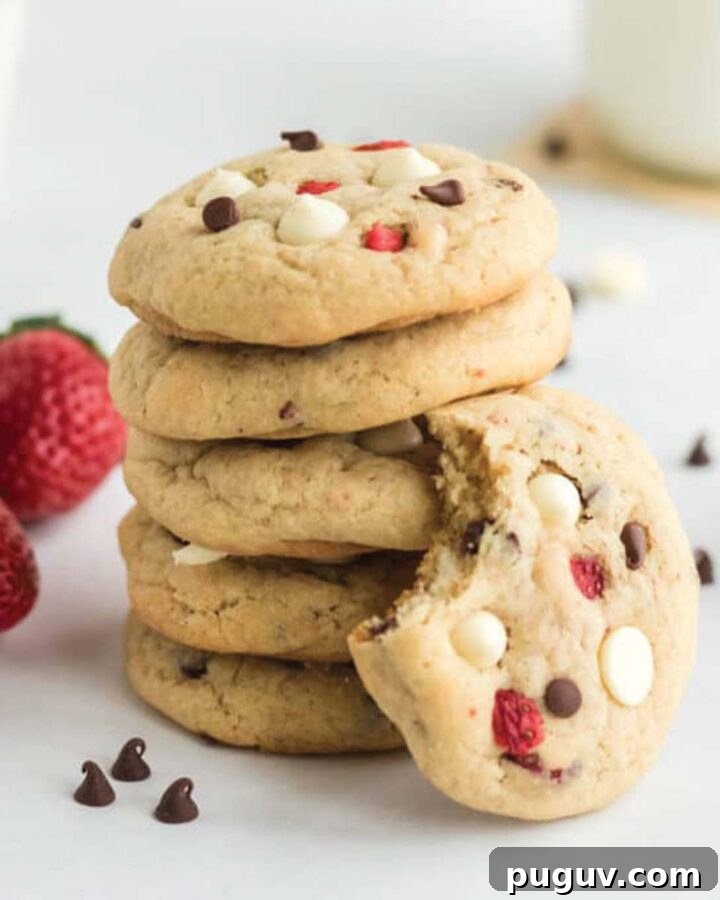 Stack of strawberry cheesecake cookies on the table, one with a bite taken.