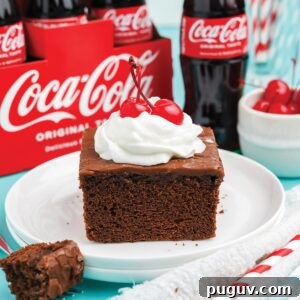 Slice of coca cola cake topped with whipped cream and a cherry.