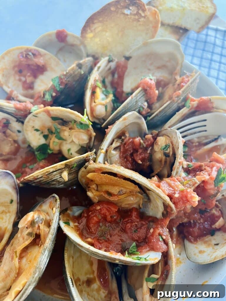 Clams Posillipo in Spicy Tomato Sauce (Zuppa di Vongole) 13 Clams posillipo in red sauce in white bowl with fork topped with chopped parsley and toasted bread in background.