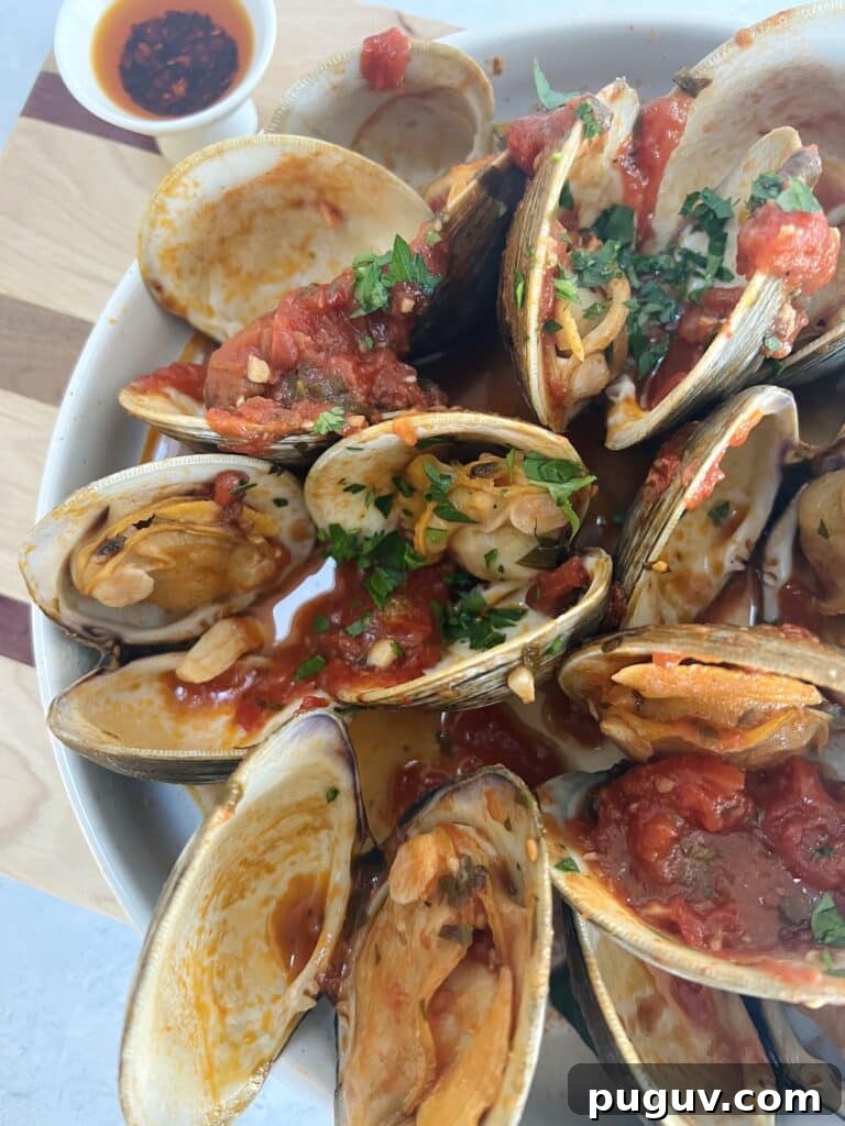 Clams Posillipo in Spicy Tomato Sauce (Zuppa di Vongole) 3 Clams posillipo in tomato sauce in white bowl with spicy pepper oil in background.