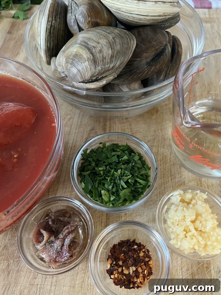 Clams Posillipo in Spicy Tomato Sauce (Zuppa di Vongole) 5 Ingredients for Clams Posillipo.