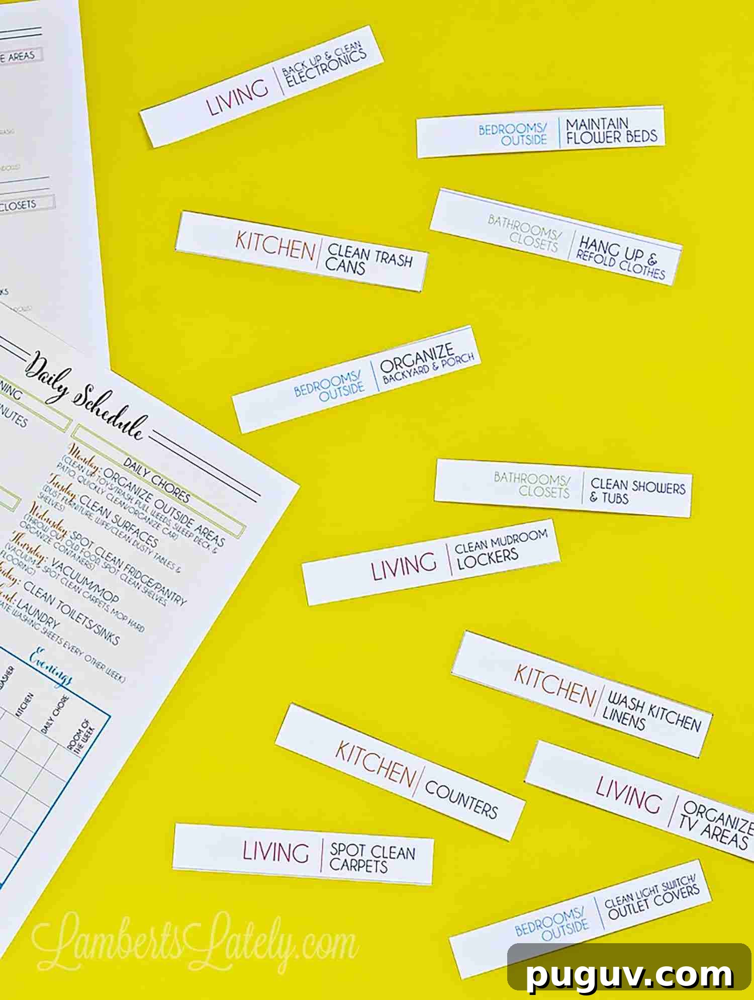 printable chore cards laying on yellow background