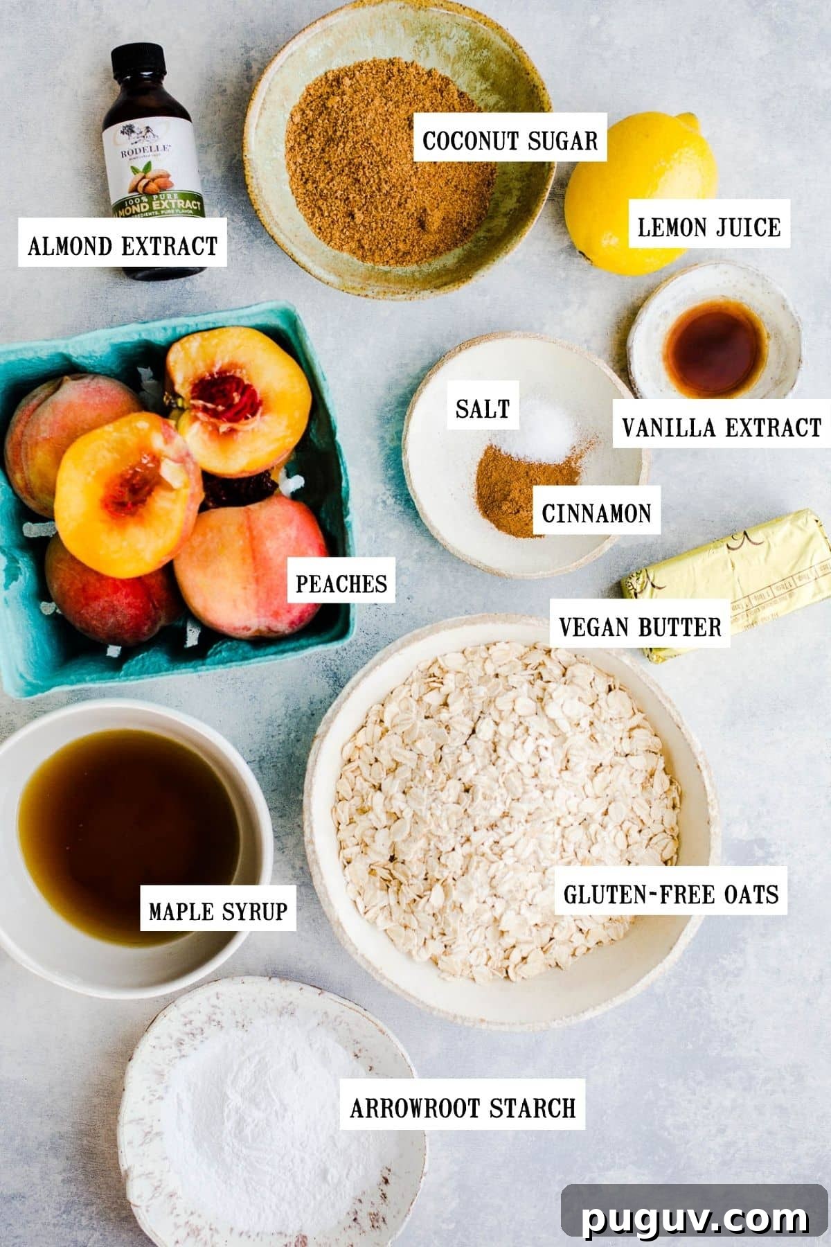 Gluten-Free Peach Oat Crumble Recipe for Summer Desserts 3 Peaches in a teal carton and small bowls of each ingredient for a peach crumble.
