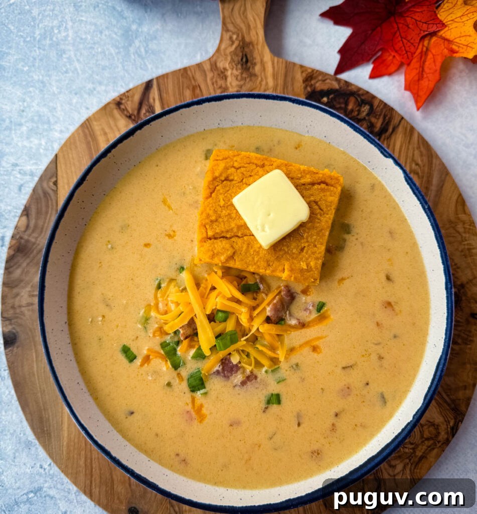 Creamy Bacon and Beer Cheese Soup Recipe 2 beer cheese soup with bacon, shredded cheese, green onions, and a slice of sweet potato cornbread in a white bowl