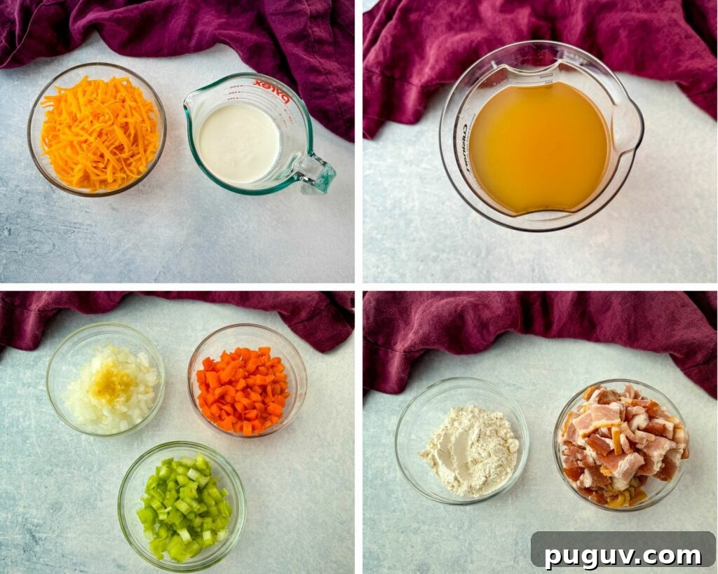 Creamy Bacon and Beer Cheese Soup Recipe 3 grated cheddar cheese, heavy cream, broth, diced onions, diced celery, diced carrots, minced garlic, flour, and diced bacon in separate glass bowls