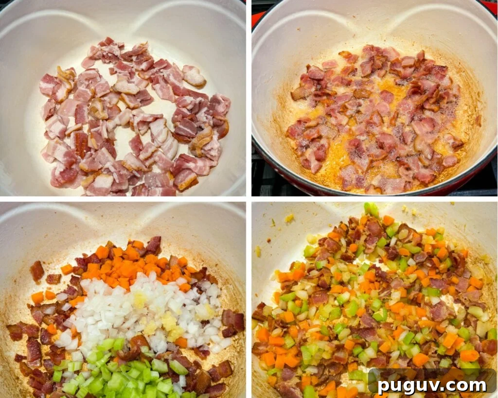 Creamy Bacon and Beer Cheese Soup Recipe 5 cooked bacon and diced vegetables in a Dutch oven