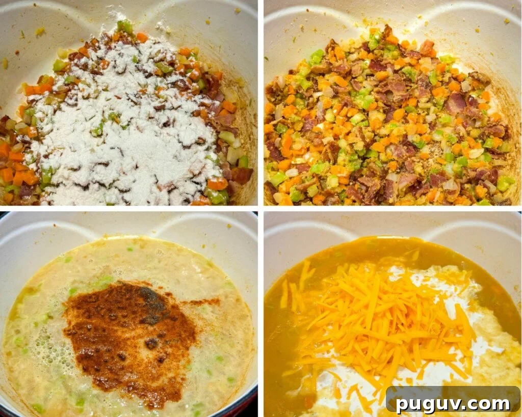 Creamy Bacon and Beer Cheese Soup Recipe 6 diced vegetables and flour in a Dutch oven with broth and beer