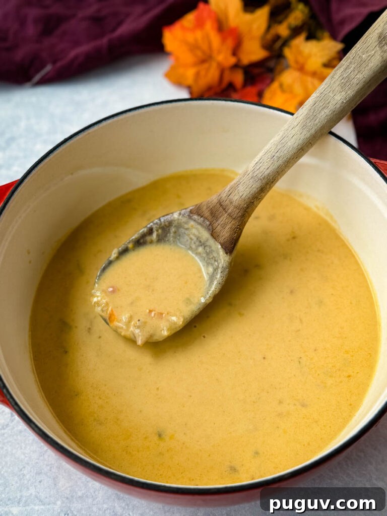 Creamy Bacon and Beer Cheese Soup Recipe 7 beer cheese soup with bacon in a red Dutch oven