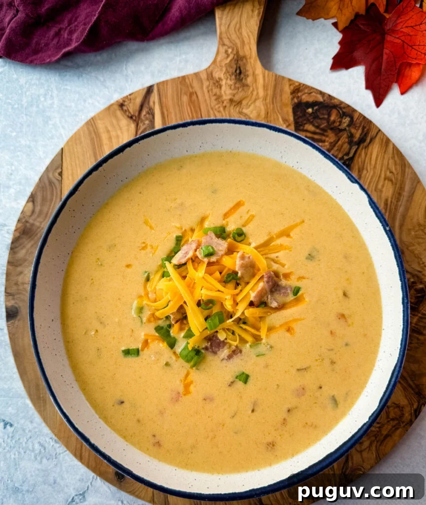 Creamy Bacon and Beer Cheese Soup Recipe 8 beer cheese soup with bacon, shredded cheese, and green onions in a white bowl