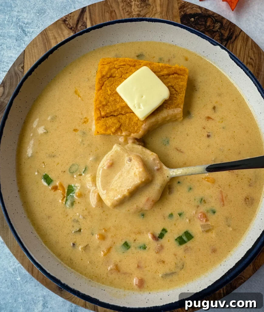 Creamy Bacon and Beer Cheese Soup Recipe 9 beer cheese soup with bacon, shredded cheese, green onions, and a slice of sweet potato cornbread in a white bowl